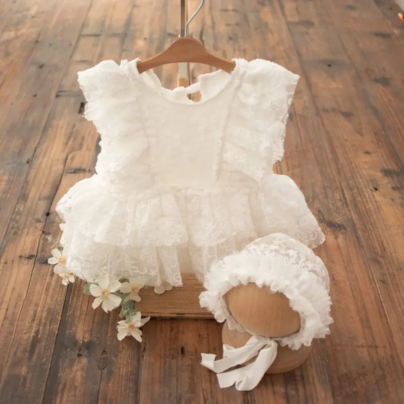 Baby Girl White Lace Pearl Dress Headband Set - Newborn Photography Outfit - Image 2